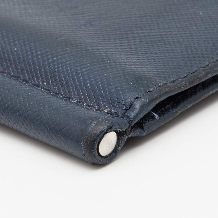 Pre Owned Prada Navy Blue Saffiano Leather Money Clip Bifold Wallet