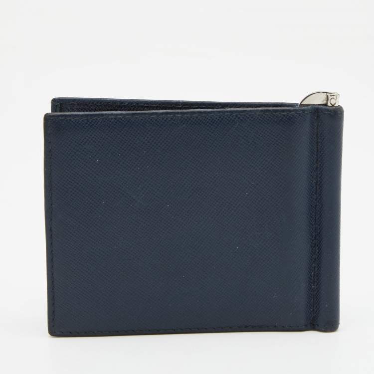 Pre Owned Prada Navy Blue Saffiano Leather Money Clip Bifold Wallet
