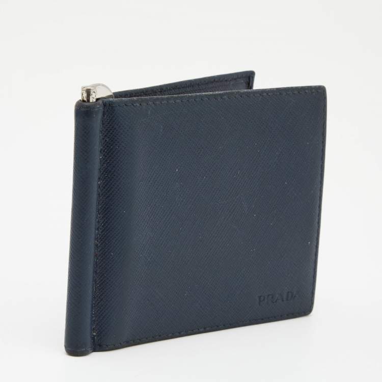 Pre Owned Prada Navy Blue Saffiano Leather Money Clip Bifold Wallet