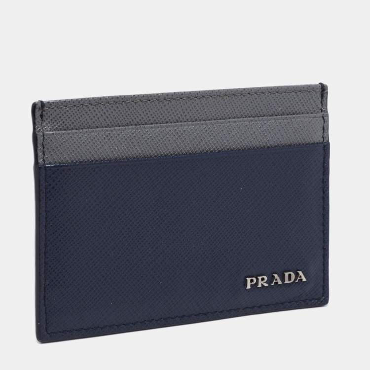 Pre Owned Prada Navy Blue/Grey Saffiano Leather Card Holder
