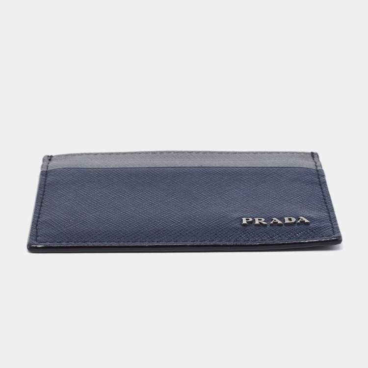 Pre Owned Prada Navy Blue/Grey Saffiano Leather Card Holder