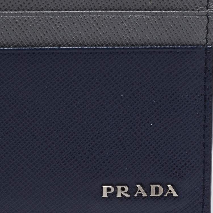 Pre Owned Prada Navy Blue/Grey Saffiano Leather Card Holder