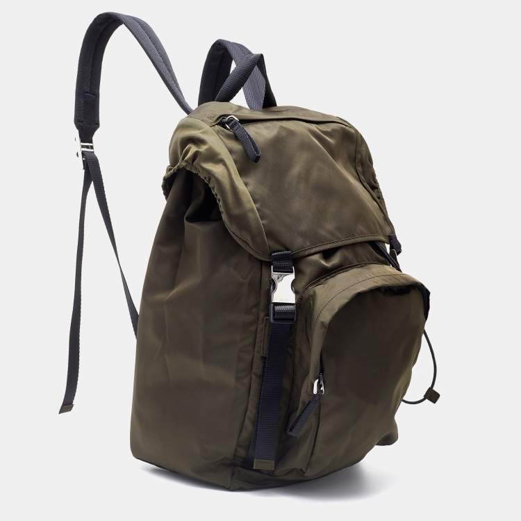 Pre Owned Prada Olive Green Nylon Drawstring Backpack