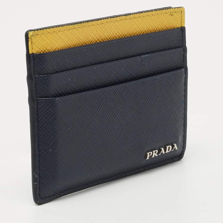 Pre Owned Prada Navy Blue/Yellow Saffiano Metal Leather Card Holder