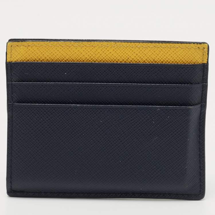 Pre Owned Prada Navy Blue/Yellow Saffiano Metal Leather Card Holder