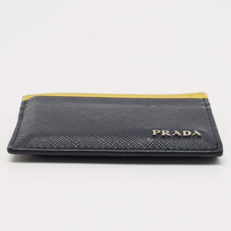 Pre Owned Prada Navy Blue/Yellow Saffiano Metal Leather Card Holder