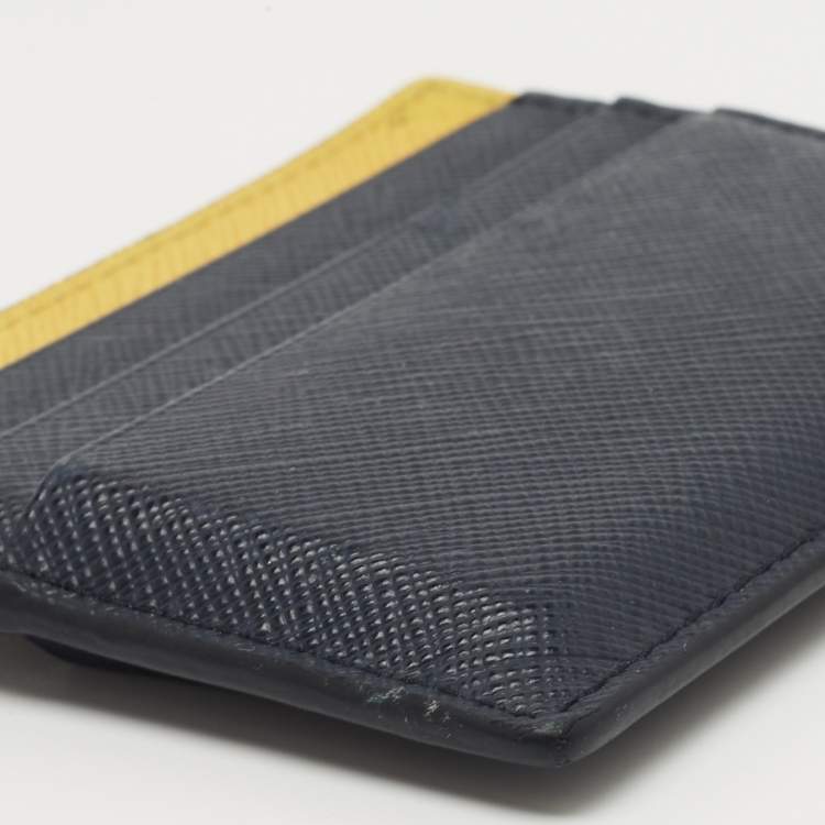 Pre Owned Prada Navy Blue/Yellow Saffiano Metal Leather Card Holder