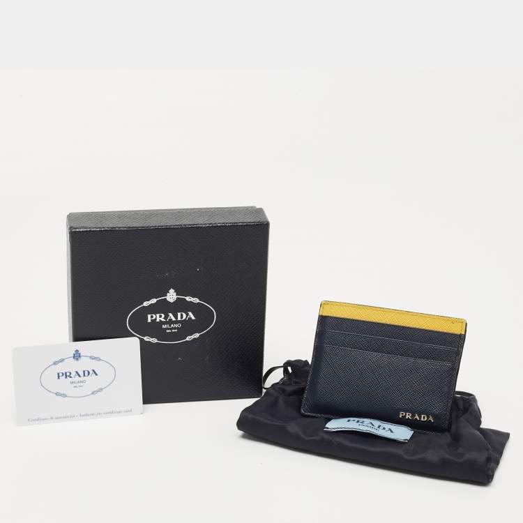 Pre Owned Prada Navy Blue/Yellow Saffiano Metal Leather Card Holder