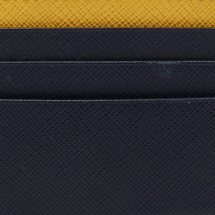Pre Owned Prada Navy Blue/Yellow Saffiano Metal Leather Card Holder