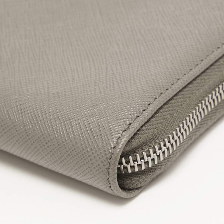 Pre Owned Prada Grey Saffiano Leather Organizer Zip Clutch