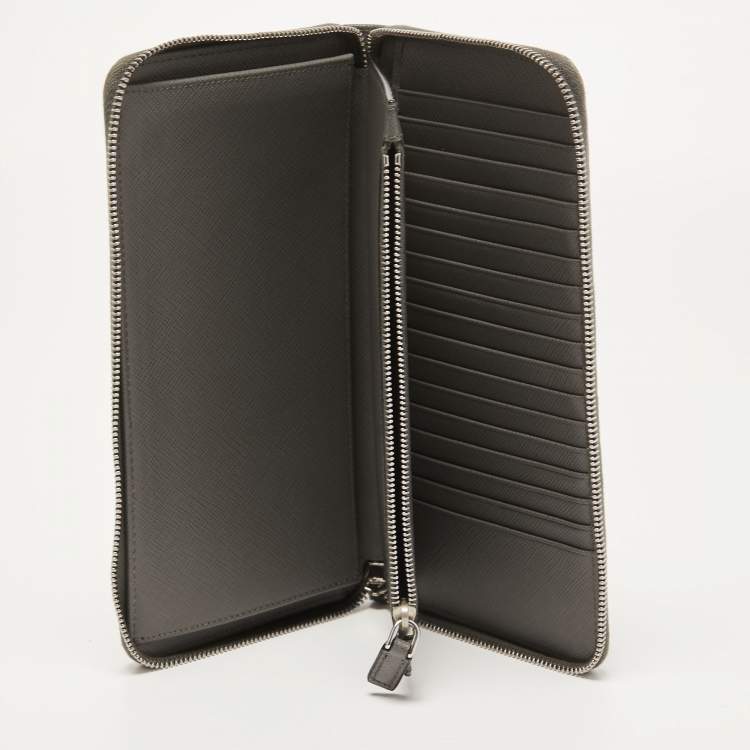 Pre Owned Prada Grey Saffiano Leather Organizer Zip Clutch