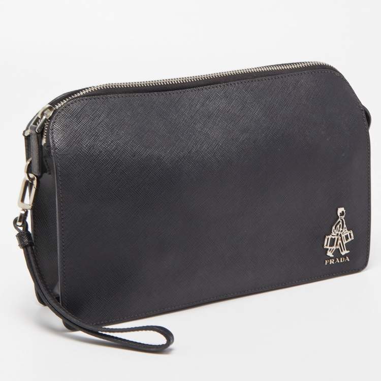 Pre Owned Prada Black Saffiano Lux Leather Porter Logo Wristlet Clutch