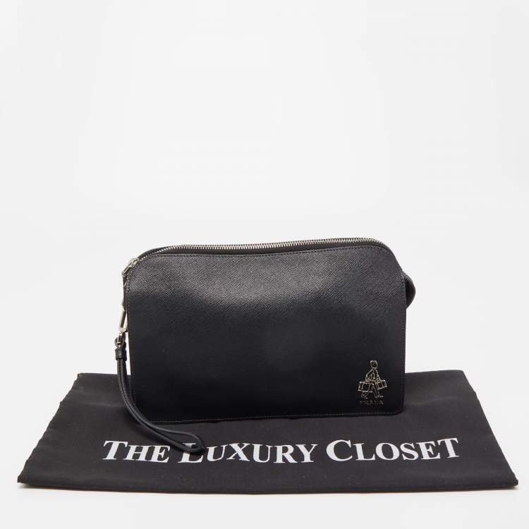 Pre Owned Prada Black Saffiano Lux Leather Porter Logo Wristlet Clutch