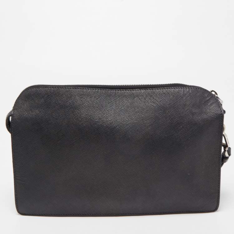 Pre Owned Prada Black Saffiano Lux Leather Porter Logo Wristlet Clutch