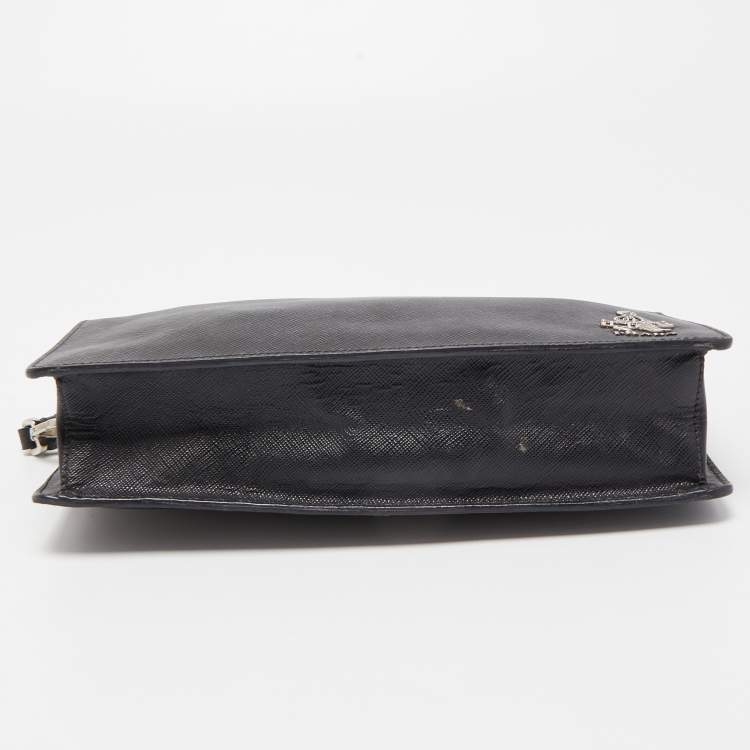 Pre Owned Prada Black Saffiano Lux Leather Porter Logo Wristlet Clutch