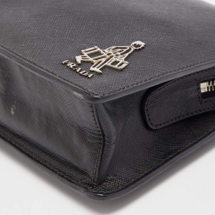 Pre Owned Prada Black Saffiano Lux Leather Porter Logo Wristlet Clutch