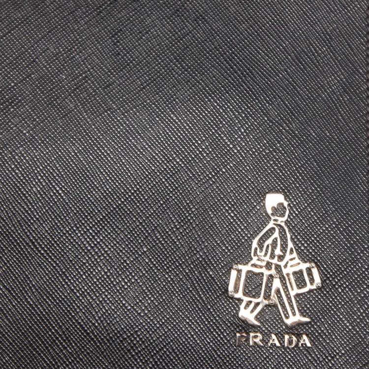 Pre Owned Prada Black Saffiano Lux Leather Porter Logo Wristlet Clutch