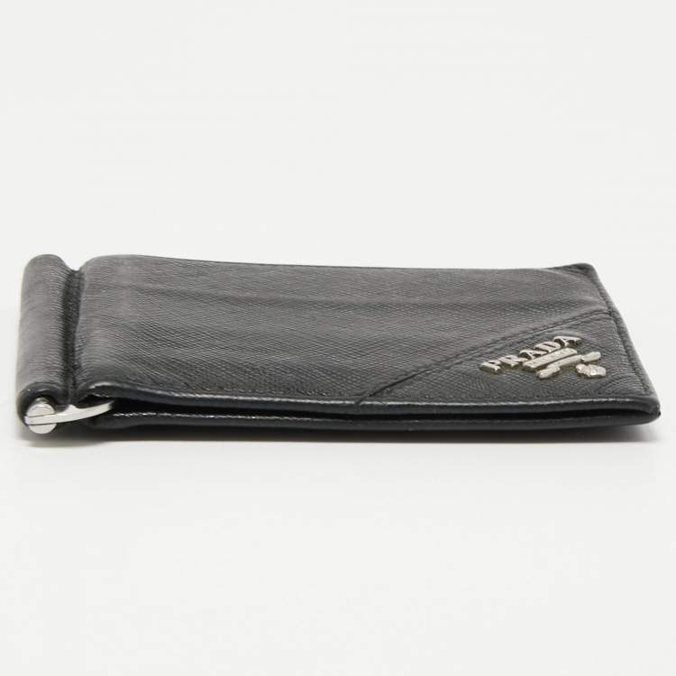 Pre Owned Prada Saffiano Metal Leather Money Clip Bifold Wallet