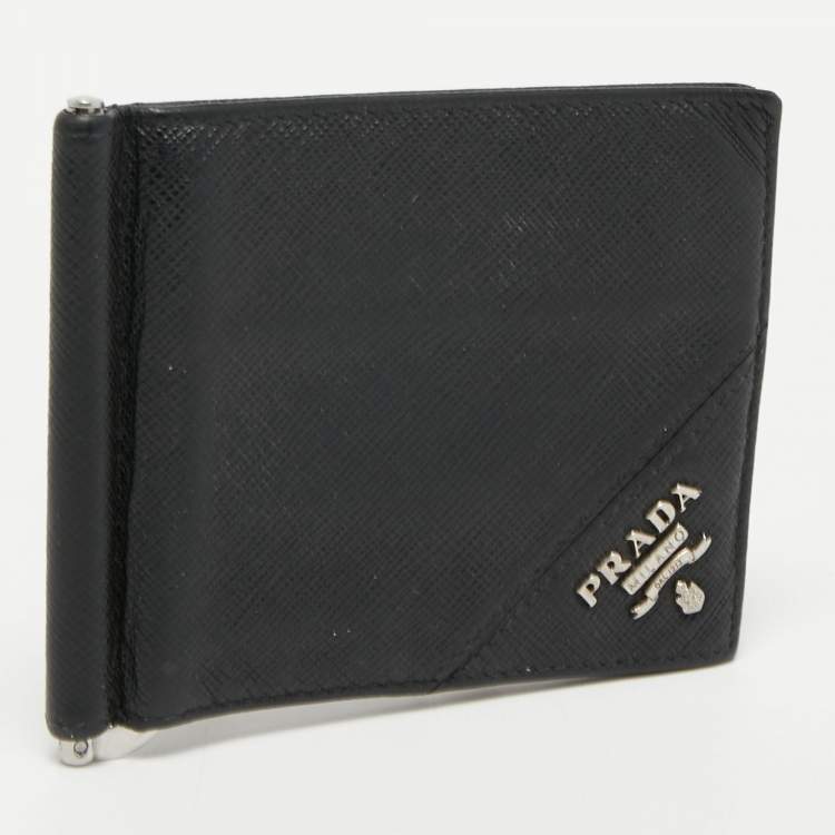 Pre Owned Prada Saffiano Metal Leather Money Clip Bifold Wallet