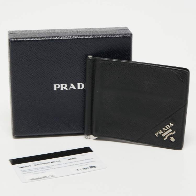 Pre Owned Prada Saffiano Metal Leather Money Clip Bifold Wallet