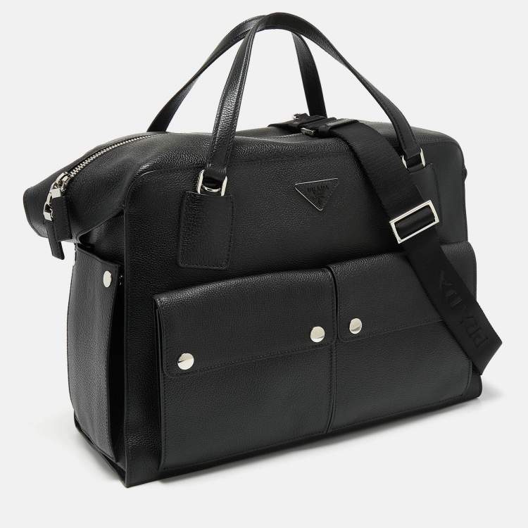 Pre Owned Prada Black Leather Double Pocket Briefcase Bag