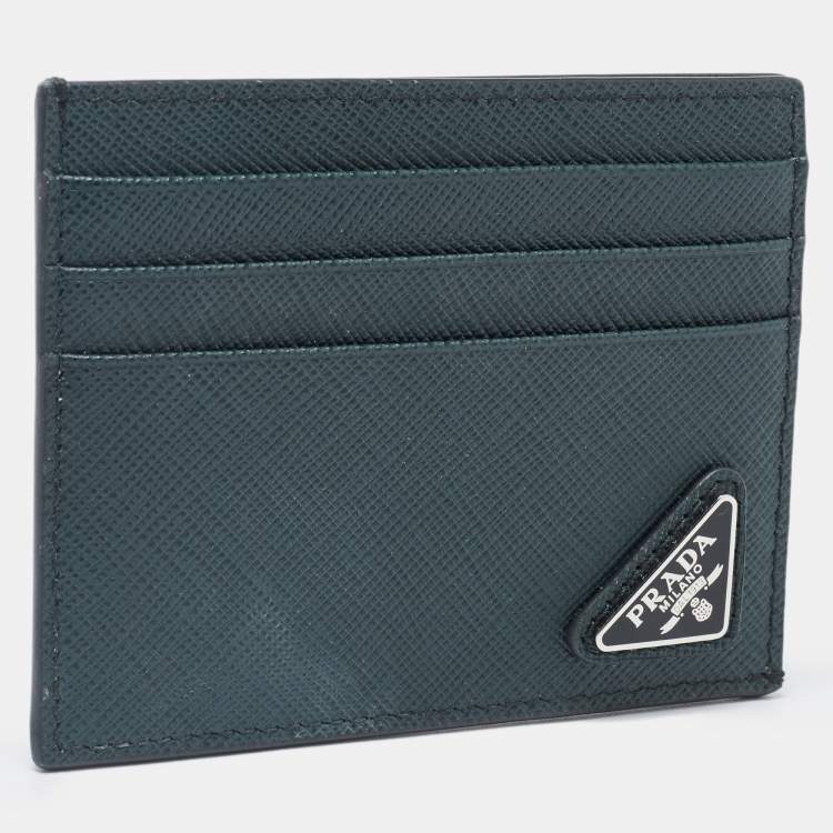 Pre Owned Prada Green Saffiano Metal Leather Triangular Logo Card Holder   