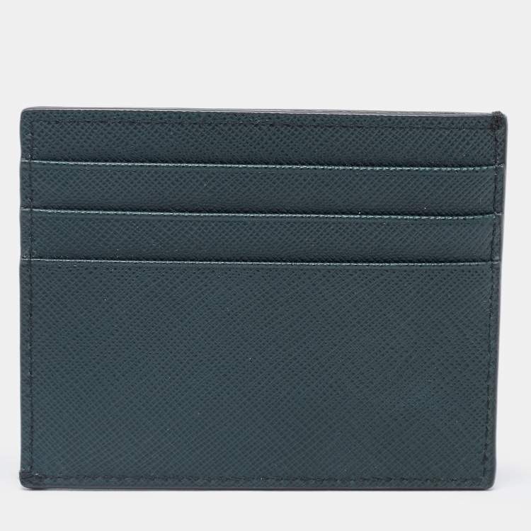 Pre Owned Prada Green Saffiano Metal Leather Triangular Logo Card Holder   