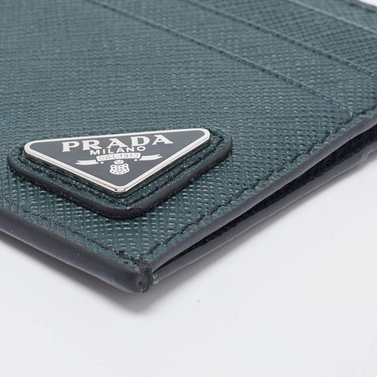 Pre Owned Prada Green Saffiano Metal Leather Triangular Logo Card Holder   
