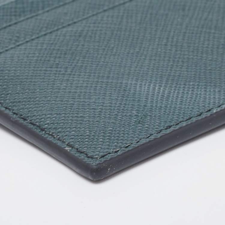 Pre Owned Prada Green Saffiano Metal Leather Triangular Logo Card Holder   