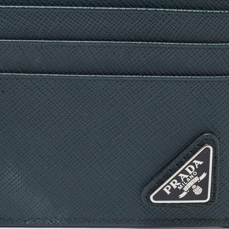 Pre Owned Prada Green Saffiano Metal Leather Triangular Logo Card Holder   