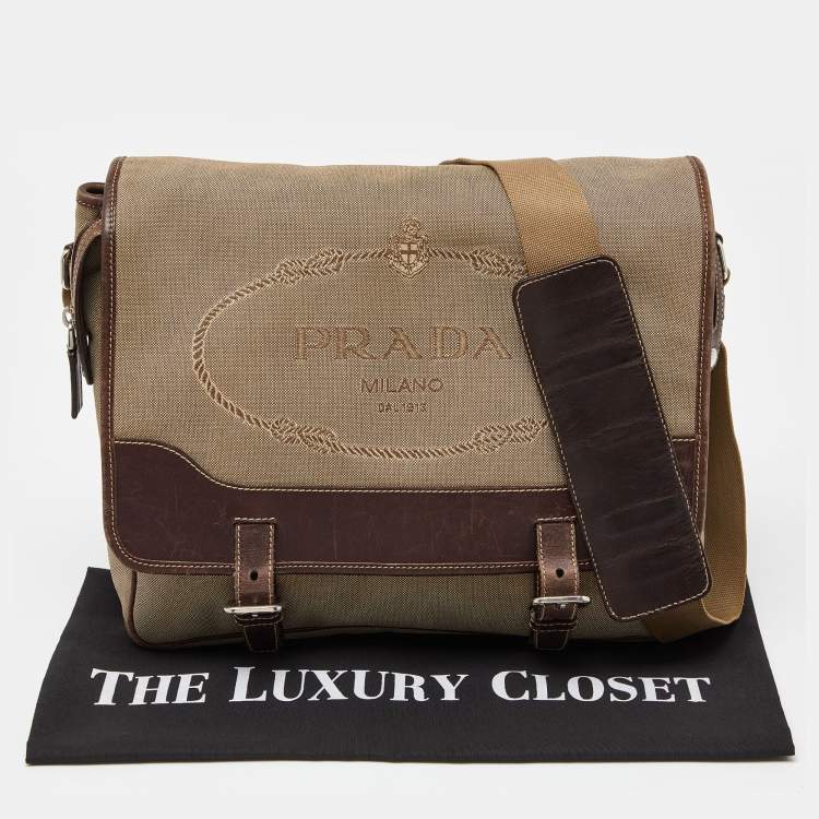 Pre Owned Prada Beige/Brown Jacquard Canvas and Leather Messenger Bag
