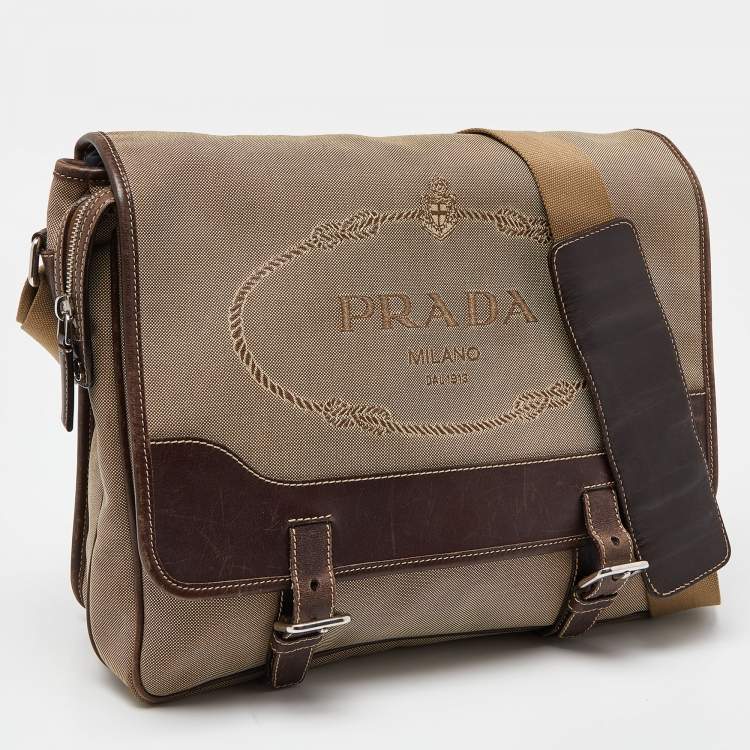 Pre Owned Prada Beige/Brown Jacquard Canvas and Leather Messenger Bag