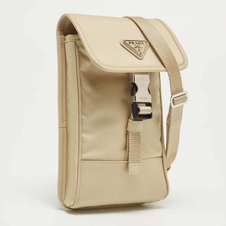 Pre Owned Prada Beige Re-Nylon and Saffiano Leather Smartphone Case Bag