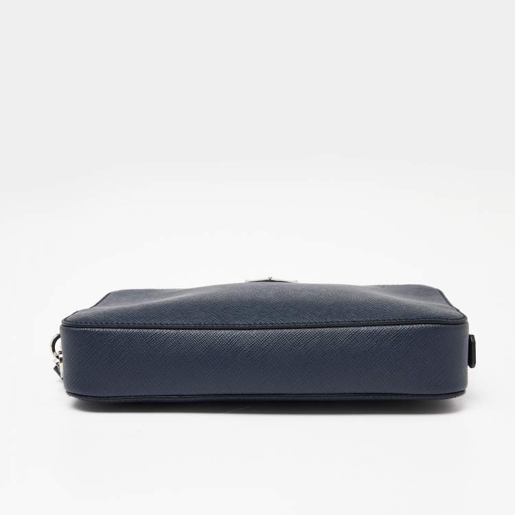 Pre Owned Prada Navy Blue Saffiano Leather Zip Wristlet Pouch