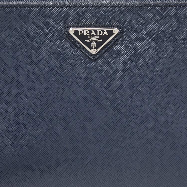 Pre Owned Prada Navy Blue Saffiano Leather Zip Wristlet Pouch