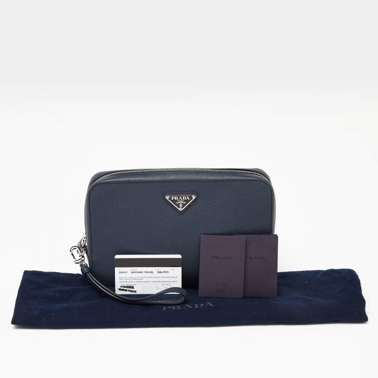 Pre Owned Prada Navy Blue Saffiano Leather Zip Wristlet Pouch