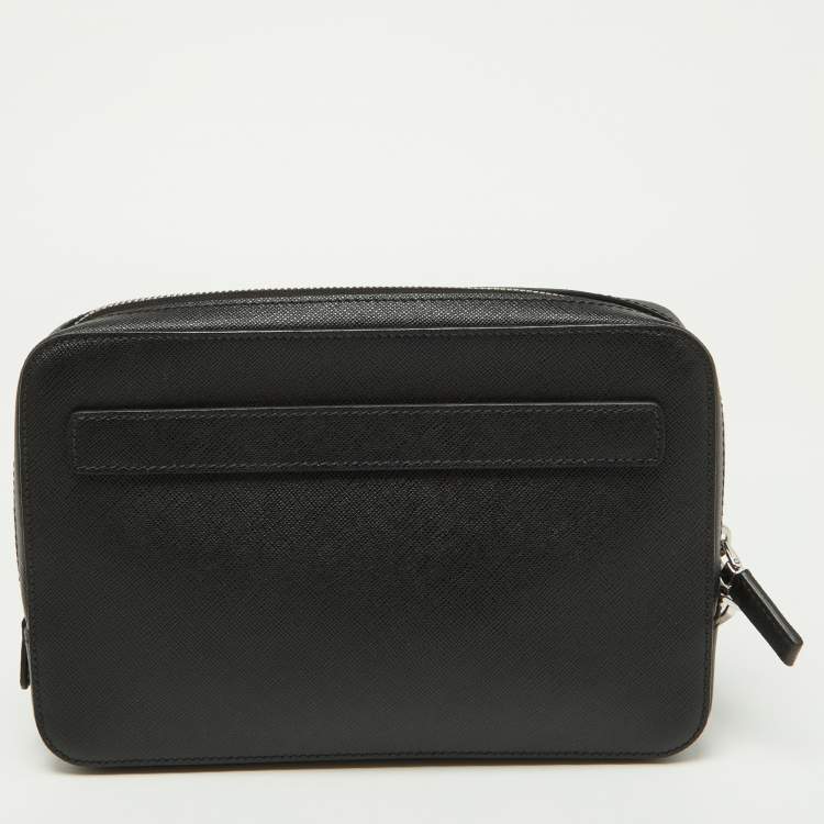 Pre Owned Prada Black Saffiano Leather Wristlet Zip Pouch