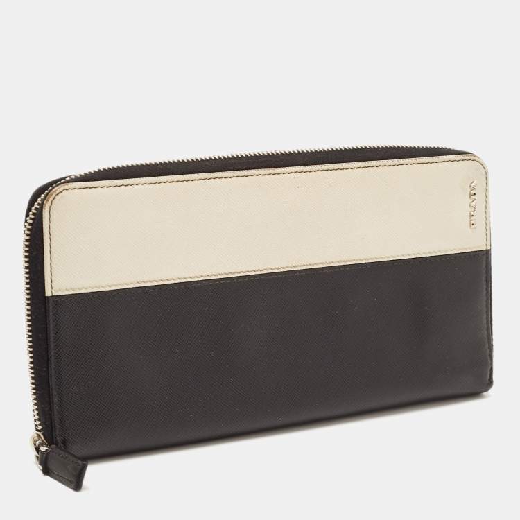 Pre Owned Prada Black/Ivory Saffiano Lux Leather Zip Around Organizer