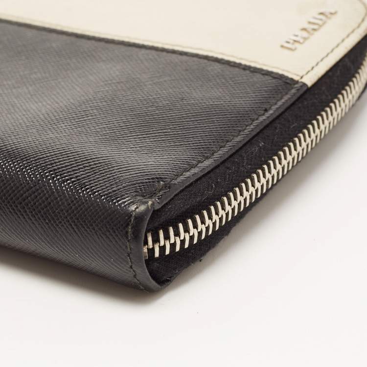 Pre Owned Prada Black/Ivory Saffiano Lux Leather Zip Around Organizer