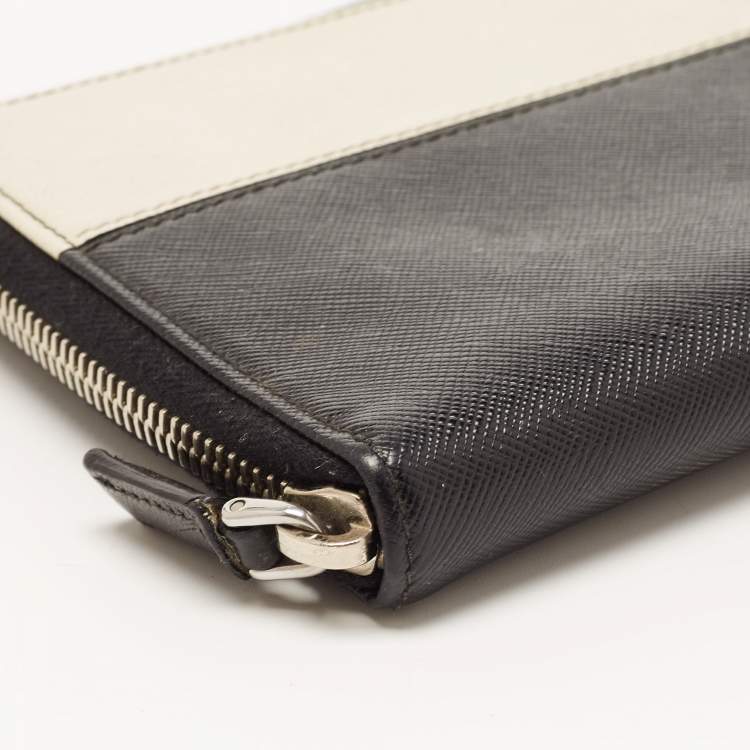 Pre Owned Prada Black/Ivory Saffiano Lux Leather Zip Around Organizer