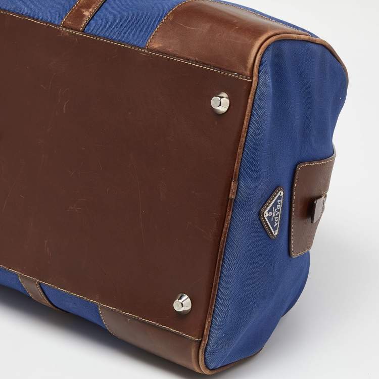 Pre Owned Prada Blue/Brown Canvas and Leather Weekender Bag