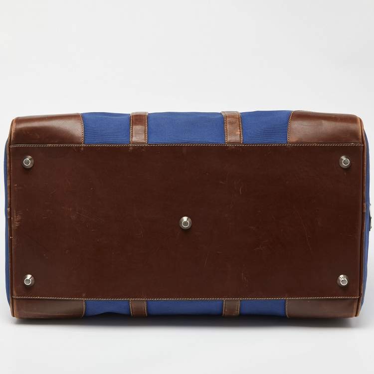 Pre Owned Prada Blue/Brown Canvas and Leather Weekender Bag