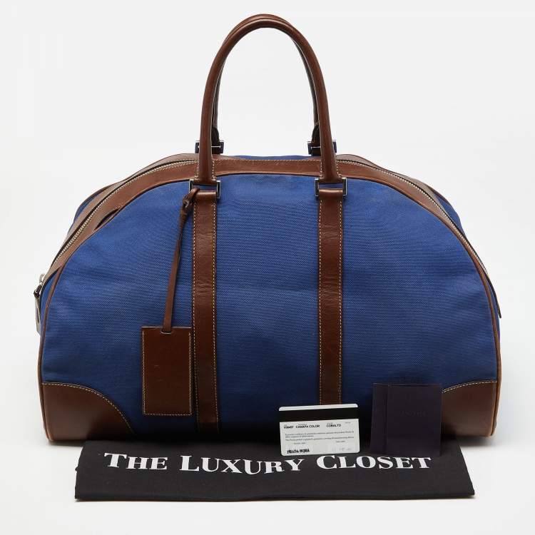 Pre Owned Prada Blue/Brown Canvas and Leather Weekender Bag
