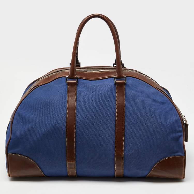 Pre Owned Prada Blue/Brown Canvas and Leather Weekender Bag