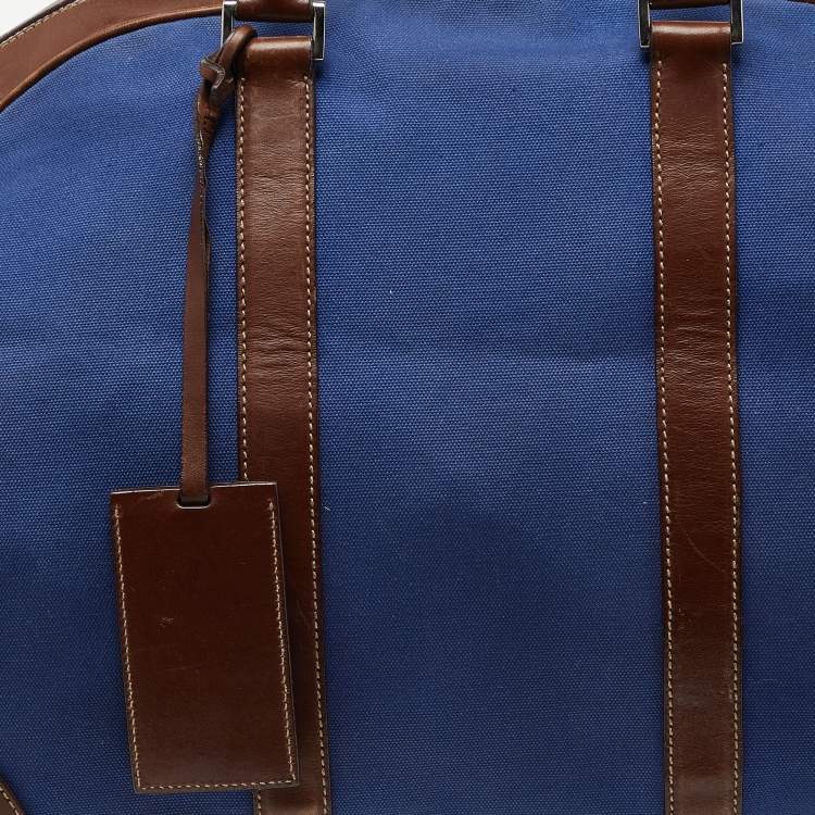 Pre Owned Prada Blue/Brown Canvas and Leather Weekender Bag
