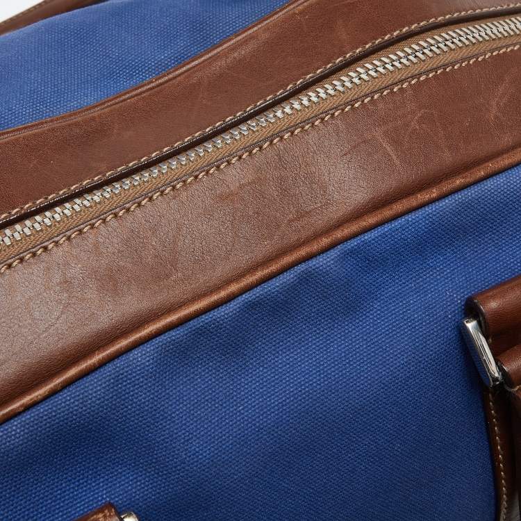 Pre Owned Prada Blue/Brown Canvas and Leather Weekender Bag