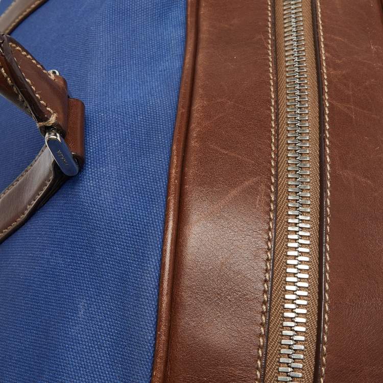 Pre Owned Prada Blue/Brown Canvas and Leather Weekender Bag