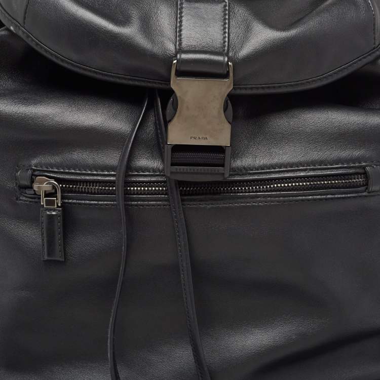 Pre Owned Prada Black Soft Leather Drawstring Backpack
