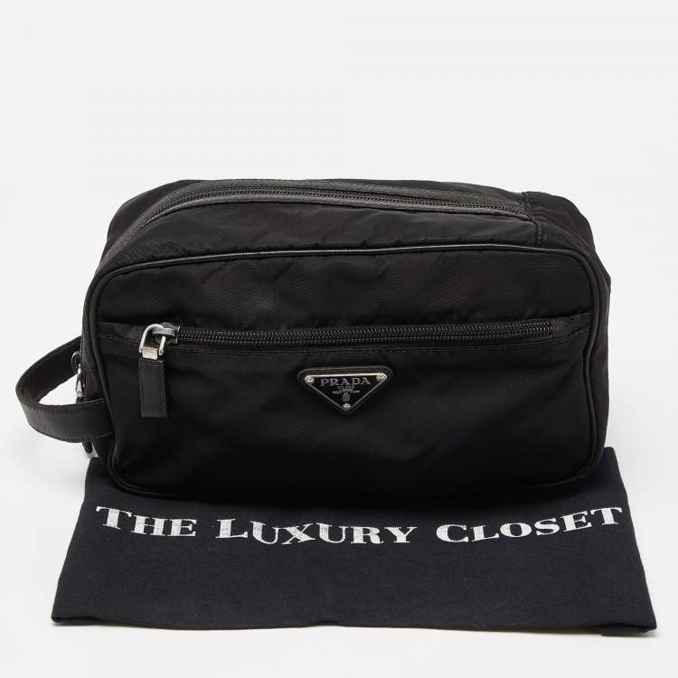 Pre Owned Prada Black Nylon and Saffiano Leather Zip Pouch