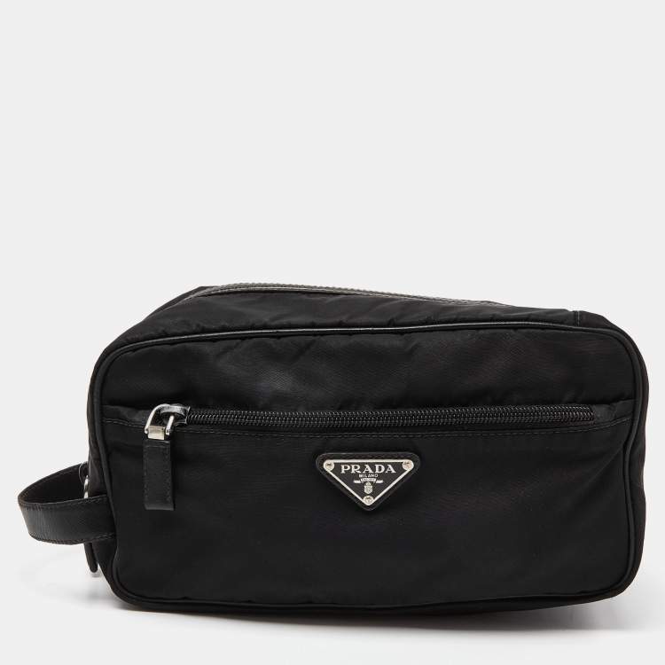 Pre Owned Prada Black Nylon and Saffiano Leather Zip Pouch